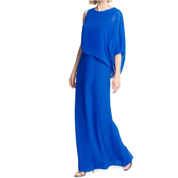 HALSTON HERITAGE Asymmetrical Overlay Jewel Neck Gown Dress, Lapis, Size 6 - Picture 3 of 3